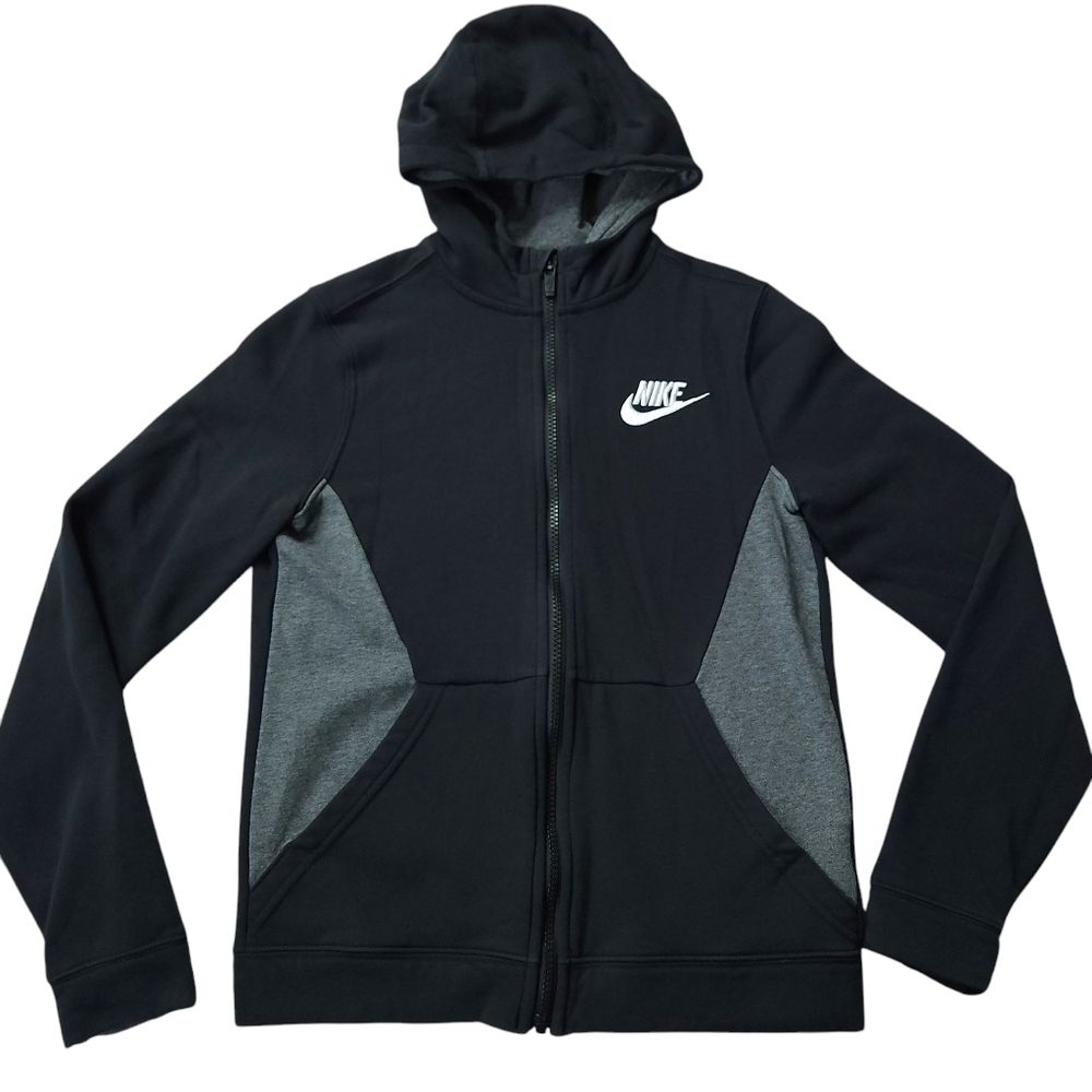 Nike Black Grey Embroidered Swoosh Full Zip Hoodie sz L